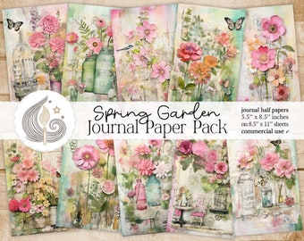 Spring Garden Junk Journal Pages: Pastel Floral Papers with Garden Pots and Soft Textures