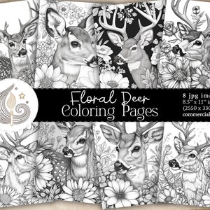 Printable Deer Coloring Pages | Deer With Flowers | Deer Greyscale Coloring Sheet | Floral Deer Digital Coloring Book For Adults
