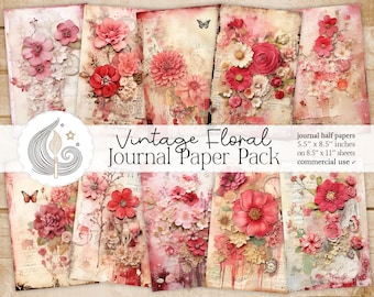 May include: A set of 8 vintage floral journal papers with a pink and white color scheme. Each paper features a different floral design with a distressed background. The papers are 5.5 inches by 8.5 inches and are printed on 8.5 inches by 11 inches sheets. The papers are for commercial use.