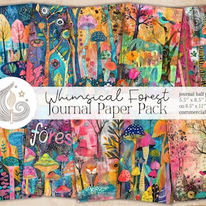 Páginas de diário de lixo | Floresta caprichosa | Papel digital | Suprimentos para scrapbook | Imprimíveis coloridos de cogumelos da floresta de fantasia | Mídia mista