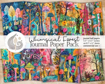 Whimsical Forest Junk Journal-pagina's: kleurrijk fantasiepapier met bomen en natuurmotieven