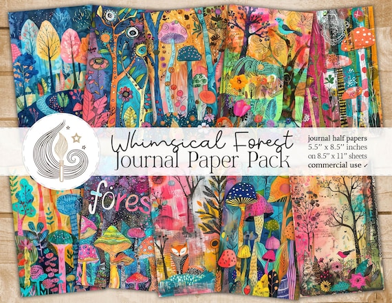 Whimsical Forest Junk Journal Pages: Colorful Fantasy Papers with Trees and Nature Motifs