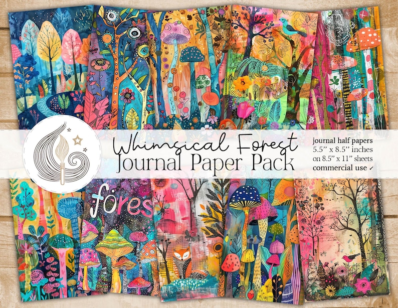 Op de afbeelding: Whimsical Forest Journal Paper Pack - 10 kleurrijke digitale papieren met fantasievolle bossc&egrave;nes met paddenstoelen, bomen en bloemen. Elk papier is 5,5 inch bij 8,5 inch en kan worden gebruikt voor journalen, scrapbooking, kaartmaken en andere knutselprojecten.