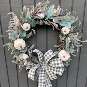 Fall Farmhouse Floral Pumpkin Wreath w Buffalo Check Bow Blue Green Purple White Florals & White Pumpkins for Autumn Season