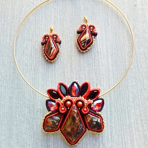 Gold, black and red soutache choker and earrings with handcrafted cabochons, Chinese crystals and Bohemian glass beads