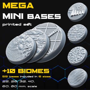 Könnte beinhalten: Eine Auswahl an grauen Mini-Basen mit verschiedenen Oberflächenstrukturen, darunter Stein-, Gitter- und Geländemuster. Der Text lautet "MEGA MINI BASES printed set" und "+10 BIOMES". Die Basen sind in 6 Größen von 25 mm bis 80 mm erhältlich.