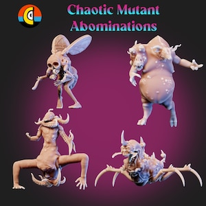 以下が含まれることがあります： 混沌とした変異した怪物たちの3Dプリントされたフィギュア4体。フィギュアは様々なポーズをとっており、翼、触手、追加の頭など、異なる体の部位を持っています。フィギュアは薄いピンク色に塗られています。