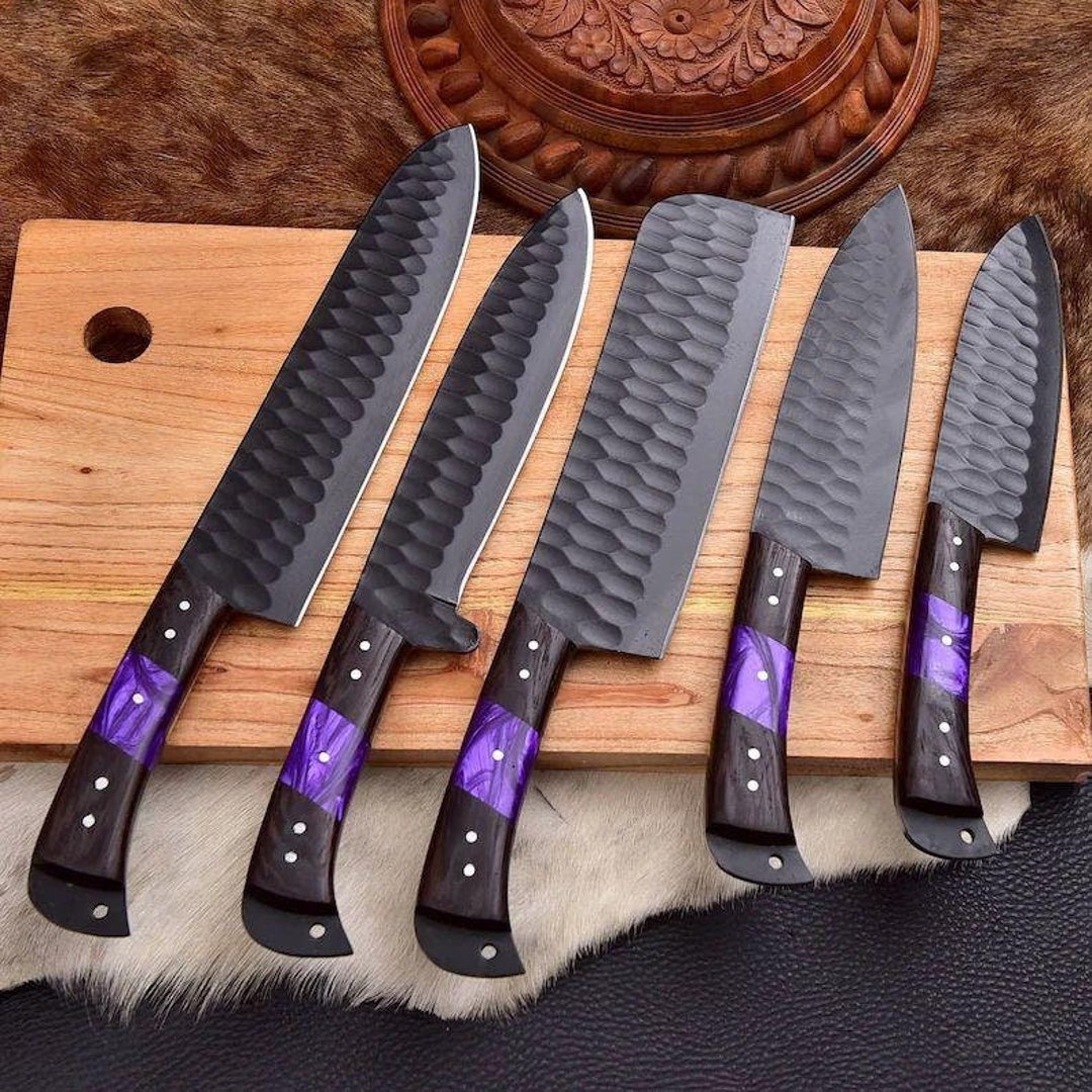 Custom Handmade Carbon Chef Set, Damascus Full Tang Knife Set , Gift for  Him , Gift for Husband, BBQ Knife Set, Camping Gift, USA Knives 