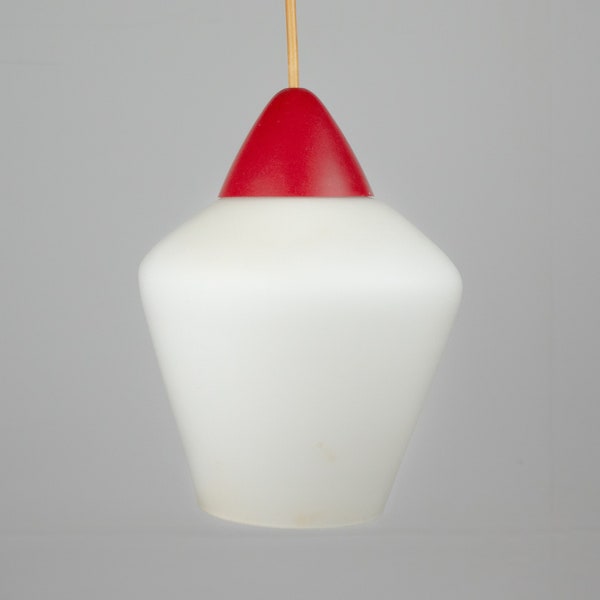 1960's Philips Pendant Light Red Top | Space Age, Modern, Mid-century, Googie | Opaline/Frosted Milk Glass | Possibly Louis Kalff