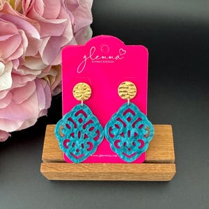Petrol colored resin ornament earrings, baroque, rhombus, statement earrings, must have,