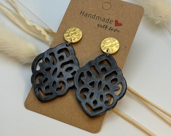 Black Resin - Ornament Earrings, Baroque, Rhombus, Statement Earrings, Must have,