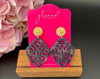 Dark blue-grey ornament earrings, baroque, rhombus, statement earrings, must have,