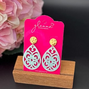 Light blue resin earrings, drop shape, baroque,