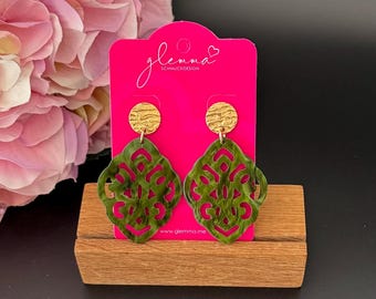 Dark green ornament earrings, baroque, rhombus, statement earrings, must have,
