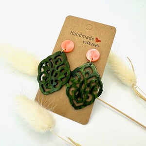 Dark green ornament earrings, baroque, rhombus, statement earrings, must have, Coral pink