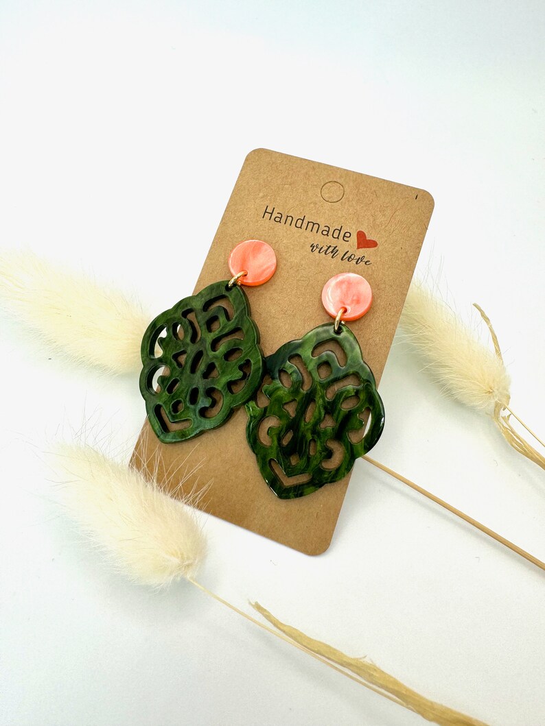 Dark green ornament earrings, baroque, rhombus, statement earrings, must have, Coral pink