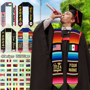 Personalized Graduation Stoles, Custom Class Of 2024 Grad Sash, Name on Graduation Stole, Sash with Flags of Two Countries, Graduation Gift