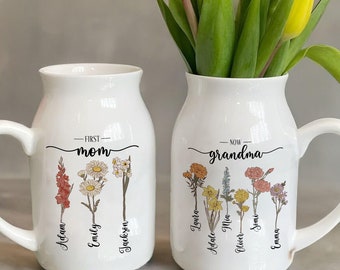 First Mom Now Grandma Flower Vase With Names, Custom Birthflower Ceramic Vase/Jug, Personalized Vase, Nanny Gift, Mother'a day Gift For Her