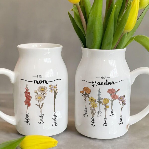 First Mom Now Grandma Flower Vase With Names, Custom Birthflower Ceramic Vase/Jug, Personalized Vase, Nanny Gift, Mother'a day Gift For Her