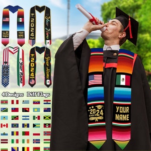 Personalized Graduation Stoles, Custom Class Of 2024 Grad Sash, Name on Graduation Stole, Sash with Flags of Two Countries, Graduation Gift