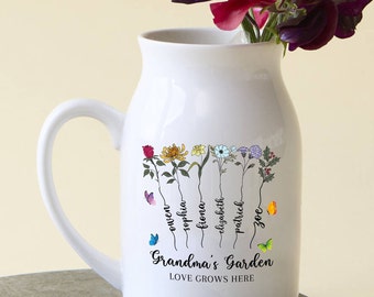 Birth Month Flower Personalized Birthflower Vase, Custom Small Vase/Jug For Flower, Personalized Vase With Words, Mothers Day, Gift For Nana