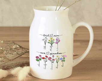 Personalized Flower Vase With Names, Custom Birthflower Ceramic Vase/Jug, Personalized First Mom Now Grandma Vase, Nanny Gift,Gift For Mom