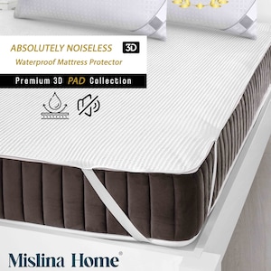 May include: White waterproof mattress protector with elastic straps and a 3D design. The protector is labeled "Absolutely Noiseless" and "Premium 3D PAD Collection".