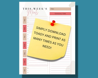 Weekly Meal Planner & Grocery List Printable PDF | Meal Prep | Digital Download Meal Planner | Weekly Menu Planner | Printable Meal Planner