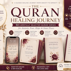 Könnte beinhalten: Ein digitales Produktset mit dem Titel The Quran Healing Journey, bestehend aus einem Smartphone mit Koranversen, einem Stapel Reflexionskarten mit Blumenmotiven, einem Begleitjournal und einem Heilungstracker in einer Farbpalette aus Weinrot und Creme.