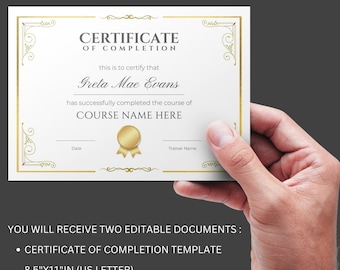 Editable Certificate Of Completion Template, Gold Certificate Template, Printable Certificate Canva Template, 2 Sizes Included. TDS-10