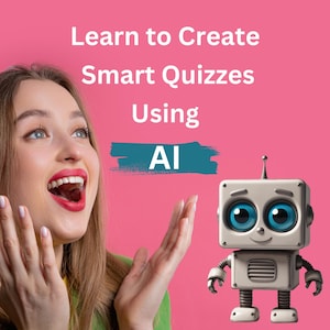 Könnte beinhalten: Eine Frau mit einem überraschten Gesichtsausdruck schaut auf den Text "Lernen Sie, intelligente Quiz mit KI zu erstellen" auf einem rosa Hintergrund. Ein Cartoon-Roboter mit blauen Augen steht rechts neben dem Text.