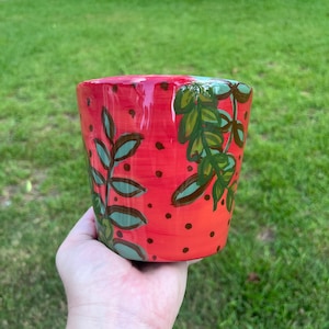 Planter 5”   Hand painted coral and green leaves w/ laquer finish . narrow table art, pot gallery art, postpartum gift