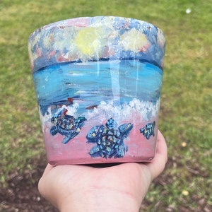 Planter 5” hand-painted Sea Turtle sunset,  w/  laquer resin finish. Narrow enterway table gallery art, postpartum gift