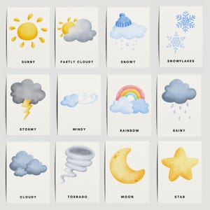Cartes météo à l'aquarelle pour enfants, Cartes-éclair préscolaire, Cartes-éclair de vocabulaire pour enfants, Activités à imprimer, Cartes-éclair Montessori
