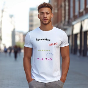 Premium Unisex T-Shirt: &#39;Hello&#39; in 5 Languages | Soft Tri-Blend Fabric | Cultural Greetings Tee | Mens T-Shirt | Women’s T-Shirt  |