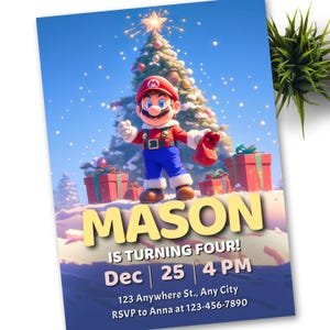 Mario Bros Luigi Weihnachten Einladung, Super Mario Geburtstagseinladung, Super Brothers Junge einladen, Videospiel, Kind einladen, Vorlage, Weihnachten