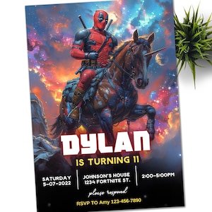 May include: A birthday invitation featuring a cartoon character riding a unicorn against a colorful galaxy background. The text reads "DYLAN IS TURNING 11" with details about the party, including the date, time, and location.