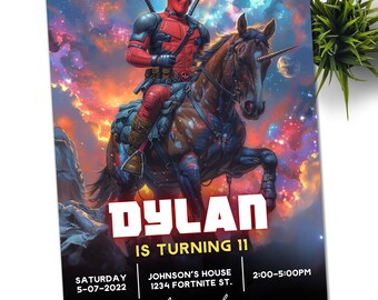 Könnte beinhalten: Eine Geburtstagseinladung mit einer Comicfigur, die auf einem Einhorn reitet, vor einem farbenfrohen Galaxie-Hintergrund. Der Text lautet "DYLAN WIRD 11" mit Details zur Party, einschließlich Datum, Uhrzeit und Ort.