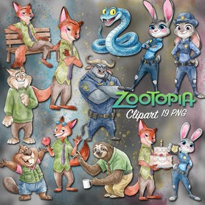 Puede incluir: Ilustraciones en acuarela de personajes de la película animada Zootopia. La imagen incluye a Nick Wilde, Judy Hopps, el Jefe Bogo y otros personajes. El texto "Zootopia Clipart 19 PNG" también es visible.