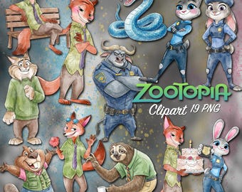 May include: Watercolor illustrations of characters from the animated film Zootopia. The image includes Nick Wilde, Judy Hopps, Chief Bogo, and other characters. The text "Zootopia Clipart 19 PNG" is also visible.