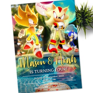 Super Sonic Gold, Super Shadow Pool Party Invitation, E-invitation Super Hedgehog Kids Party, Hedgehog Thunder, Invitation numérique d'anniversaire