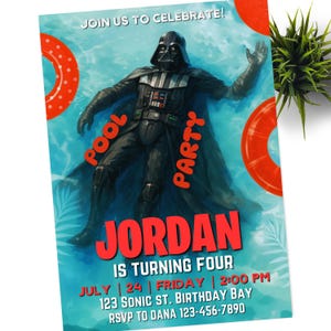 May include: Pool party invitation featuring Darth Vader in a pool. The invitation has the text "Join us to celebrate!" and "Pool Party" in orange. The name "Jordan" is in large red letters, with party details below.
