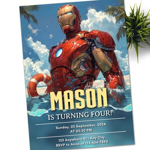 スーパーヒーローの誕生日招待状、アイアンマンの誕生日招待状、2歳の誕生日招待状、アイアンマンの誕生日編集可能、テンプレートの即時ダウンロード