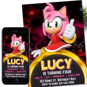 Faire-part numérique d'anniversaire Sonic Amy Rose, invitation électronique à une fête d'enfants, tonnerre, invitations d'anniversaire super hérisson, cartes pour fille