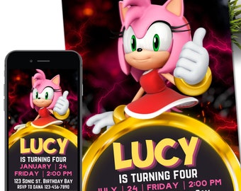 Sonic Amy Rose Birthday Digital Invitation, Kids Party E-invite, Thunder, Super Hedgehog Birthday Invites Cards for Girl