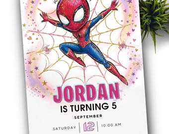 May include: A birthday party invitation featuring a cartoon Spider-Man character in a dynamic pose. The invitation includes the name "JORDAN" in pink, the text "IS TURNING 5", and event details. The background has a web design and stars.
