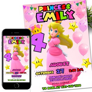 Convite Mario Bros, convite de aniversário da princesa Peach, convite de menino Super Brothers, videogame, convite infantil, modelo, Canva