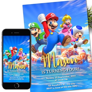 Convite Mario Bros Pool party, Convite de aniversário do Super Mario, Convite Super Brothers boy, Videogame, Convite infantil, Modelo, Canva