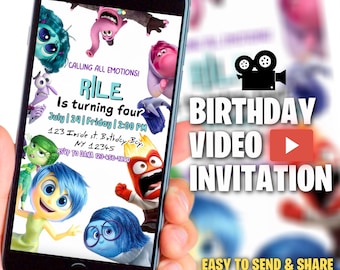 May include: A smartphone screen displaying a birthday video invitation for a child named "RILE" turning four. The invitation features characters from the movie Inside Out, including Joy, Sadness, Anger, Fear, and Disgust. The text on the screen reads "Calling all emotions! RILE is turning four. July | 24 | Friday | 2:00 PM. 123 Inside st. Birthday Bay, NY 12345. RSVP to DANA 123-456-7890."