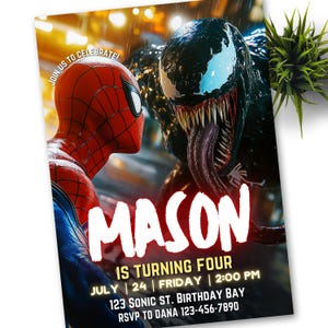 スパイダーマンとヴェノムの招待状誕生日パーティーの招待状スパイダーマンの誕生日の招待状ウェブ編集可能なテンプレートの即時ダウンロードデジタル